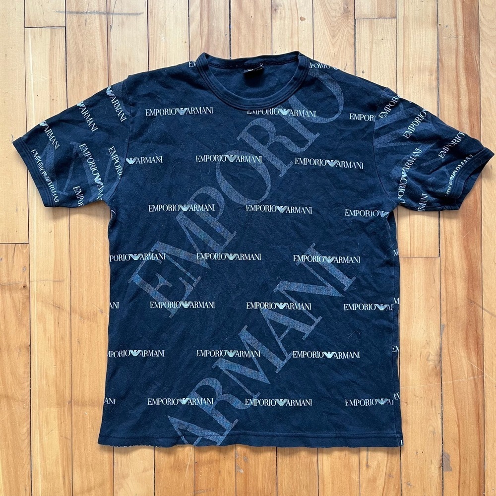 Emporio Armani Mens XL Black All Over Logo Print Short Sleeve T-Shirt Crewneck